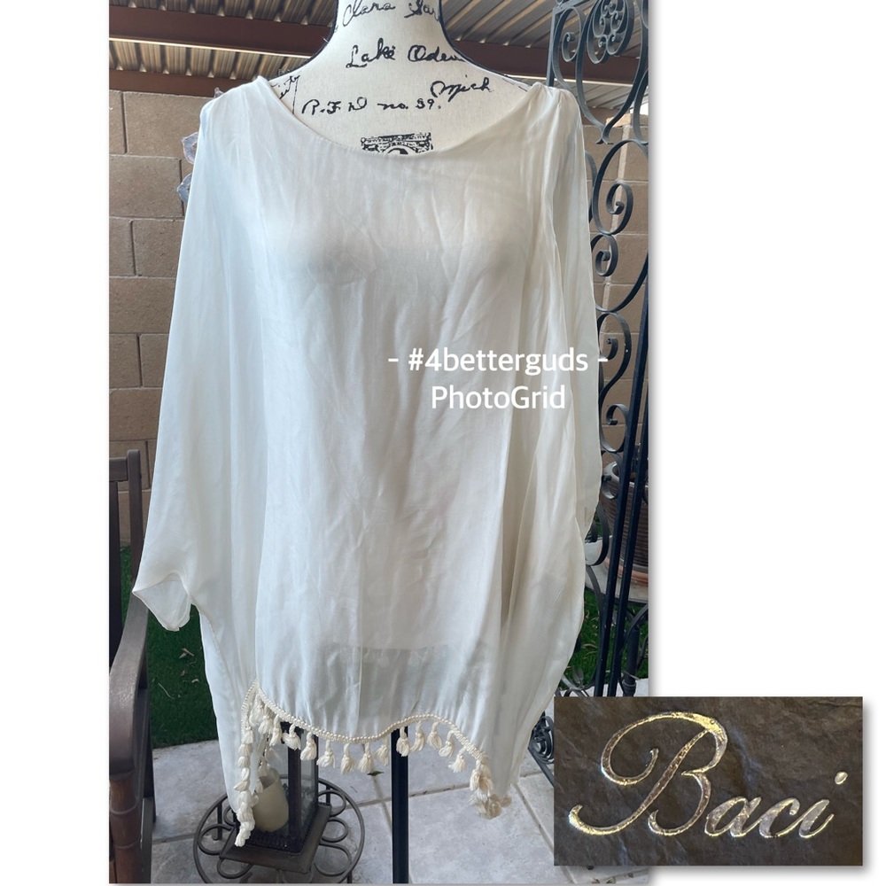 New Baci Silk Blend Flowy Layered Blouse Cape Fringe Hemline Accents One Size